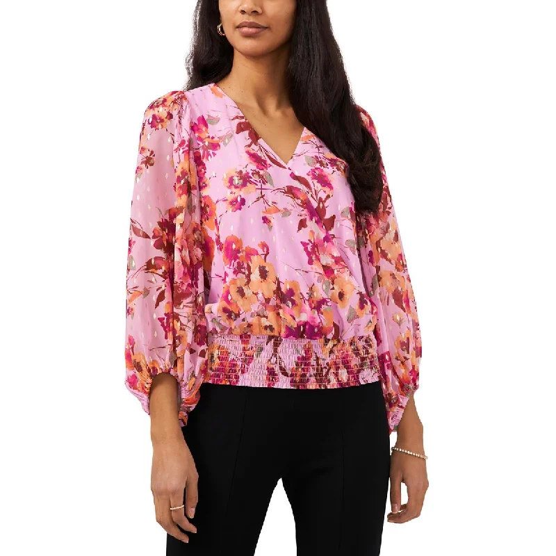 MSK Womens Petites Metallic Floral Print Blouse