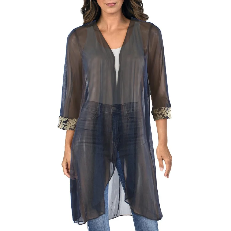 R&M Richards Womens Petites Mesh Sheer Duster Blazer